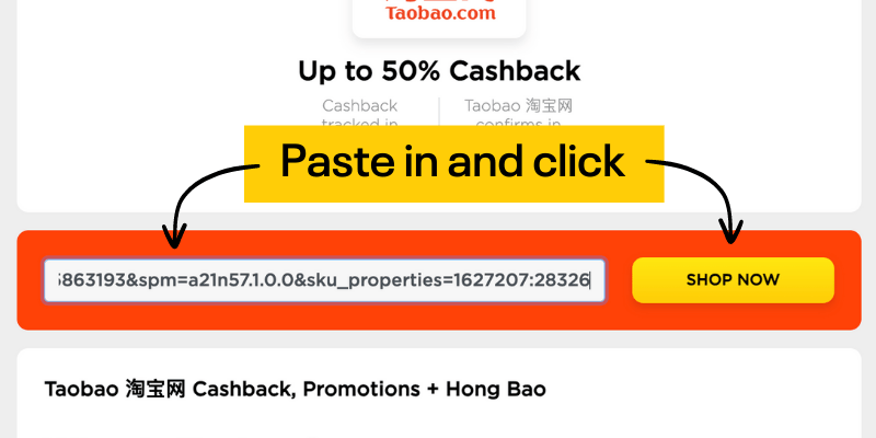 Step 2: Paste link / URL from Taobao website in the empty field and click Shop Now
